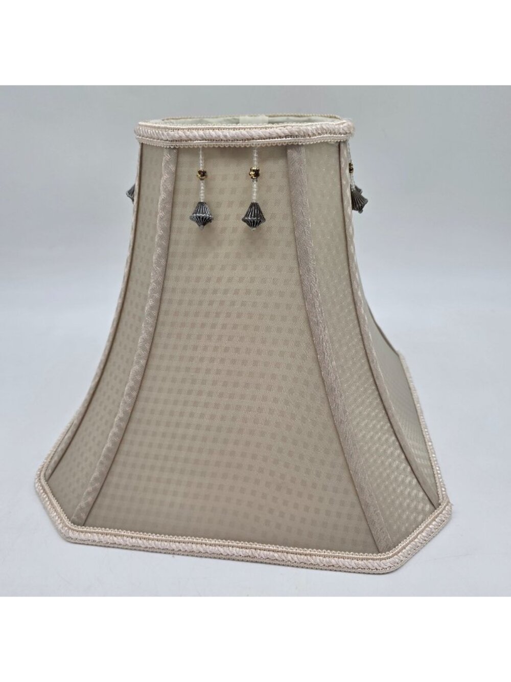 Vintage Beige Octagonal Fabric Lampshade With Tassels & Gold Details Green Hue